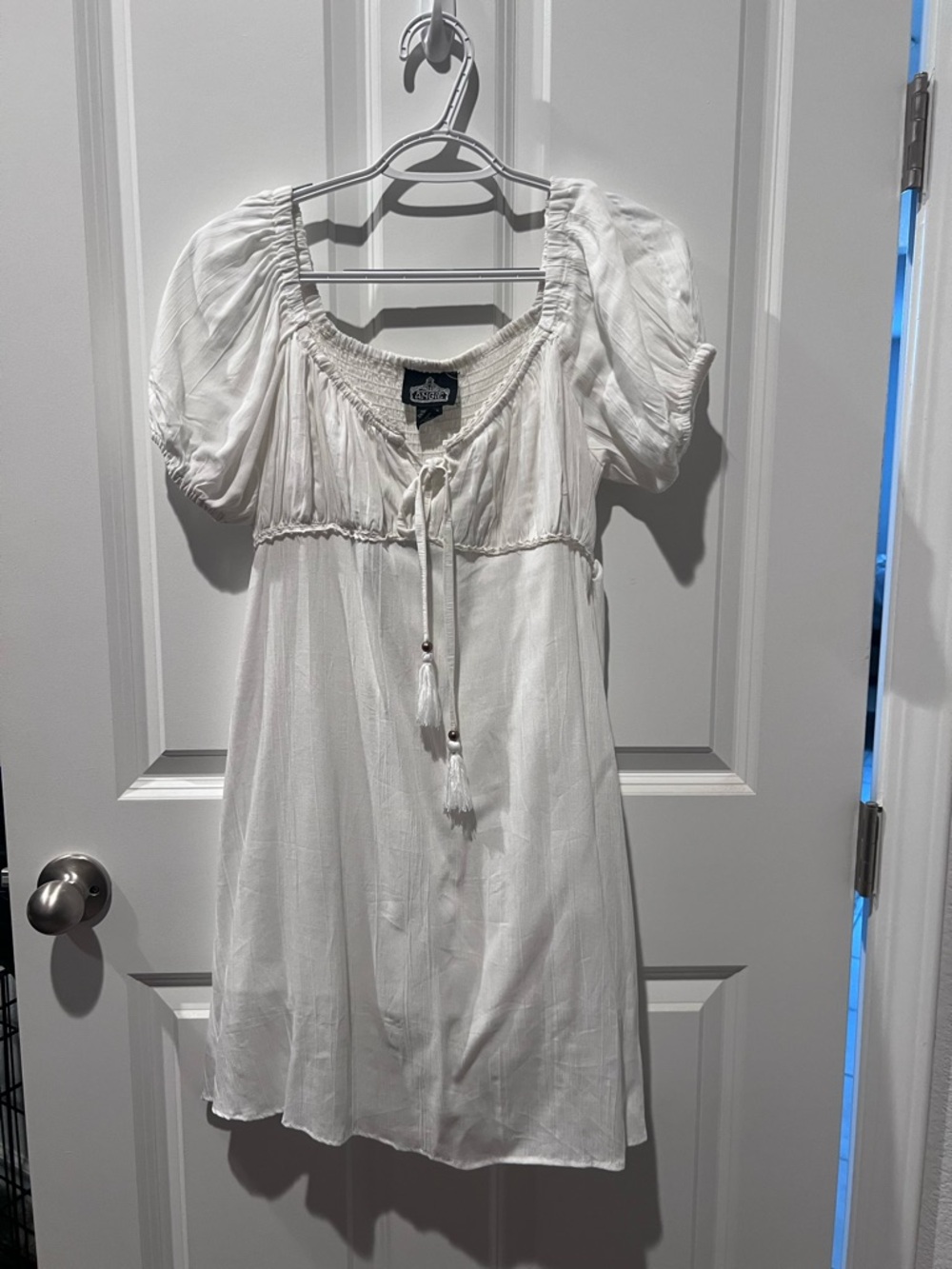 Angie Cream Smocked Peasant Top with Tassel Tie